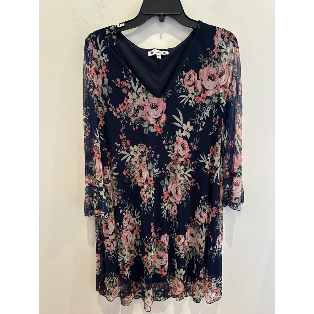 Wilde Navy Floral Mesh V-Neck Dress 3/4 Ruffle Sleeve Large MKD 8051-PM